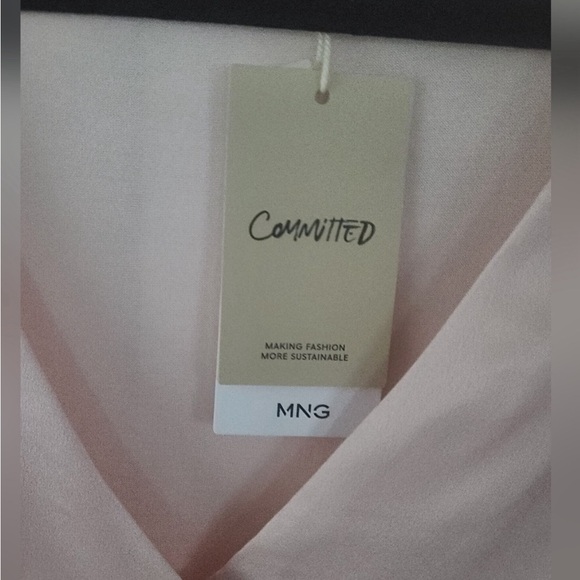 Mango MNG Pink Blush Satin V Neck Semi Sheer Short Sleeve Blouse Top - Picture 6 of 6